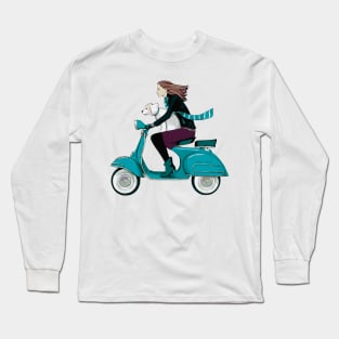 Fun Girl and Dog on Blue Scooter Long Sleeve T-Shirt